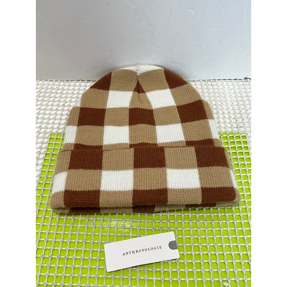 Anthropologie Maeve Checkerboard Beanie Brown Tan White Knit Cuffed Hat NEW